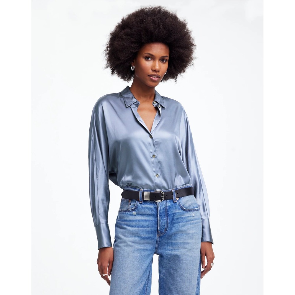 Satin Button-Front Shirt - Steel Blue